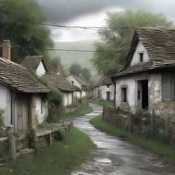 Generate an image depicting a sudden crisis emerging in a tranquil village setting, creating a contrast between peace and chaos.