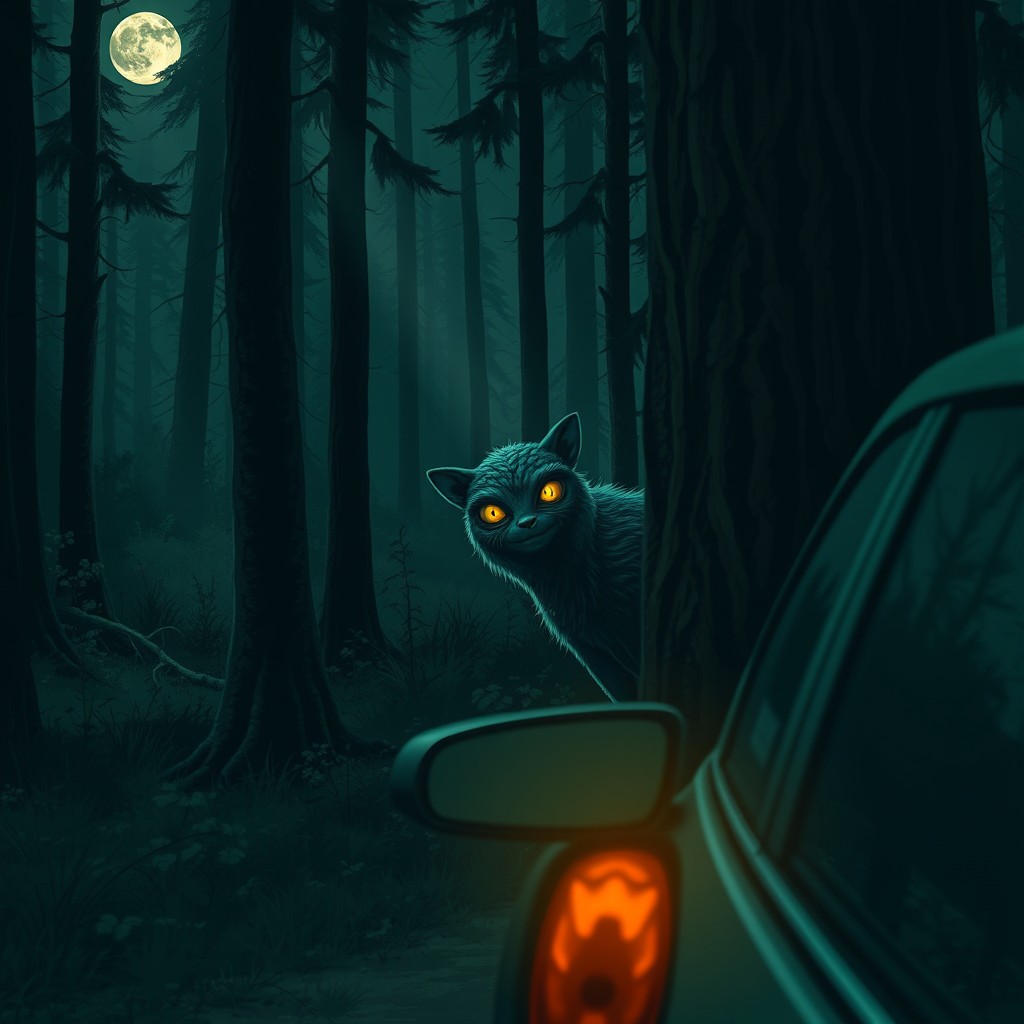 A tense moment in a dark, eerie forest where a car has suddenly stopped