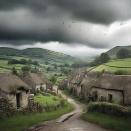 Generate an image depicting a sudden crisis emerging in a tranquil village setting, creating a contrast between peace and chaos.