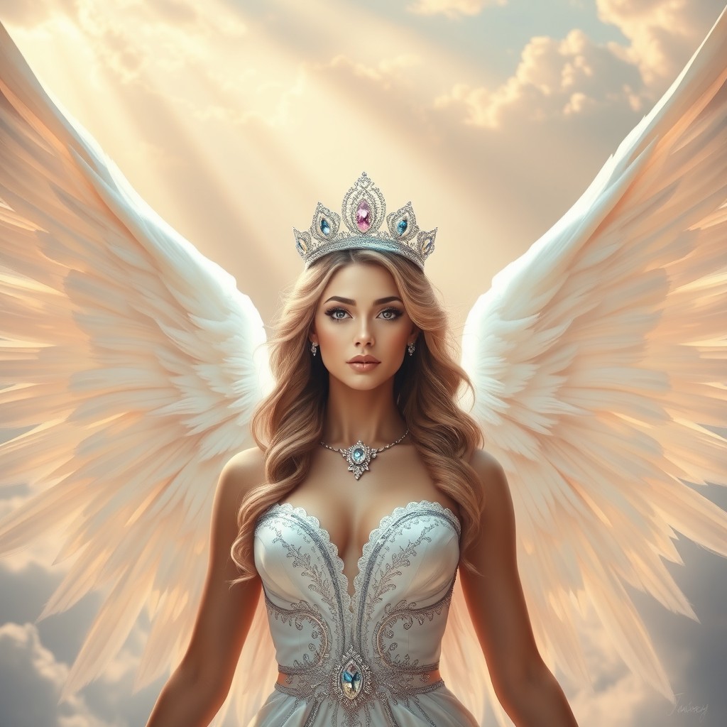 A majestic angel named Jway, with beautiful, ethereal wings spread wide