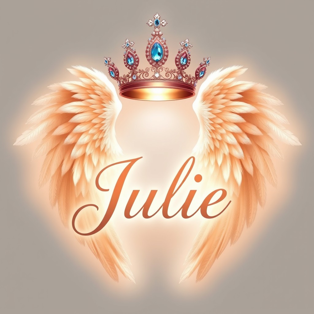 The name 'Julie' elegantly stylized in a beautiful script, surrounded by majestic angel wings that have intricate feather details