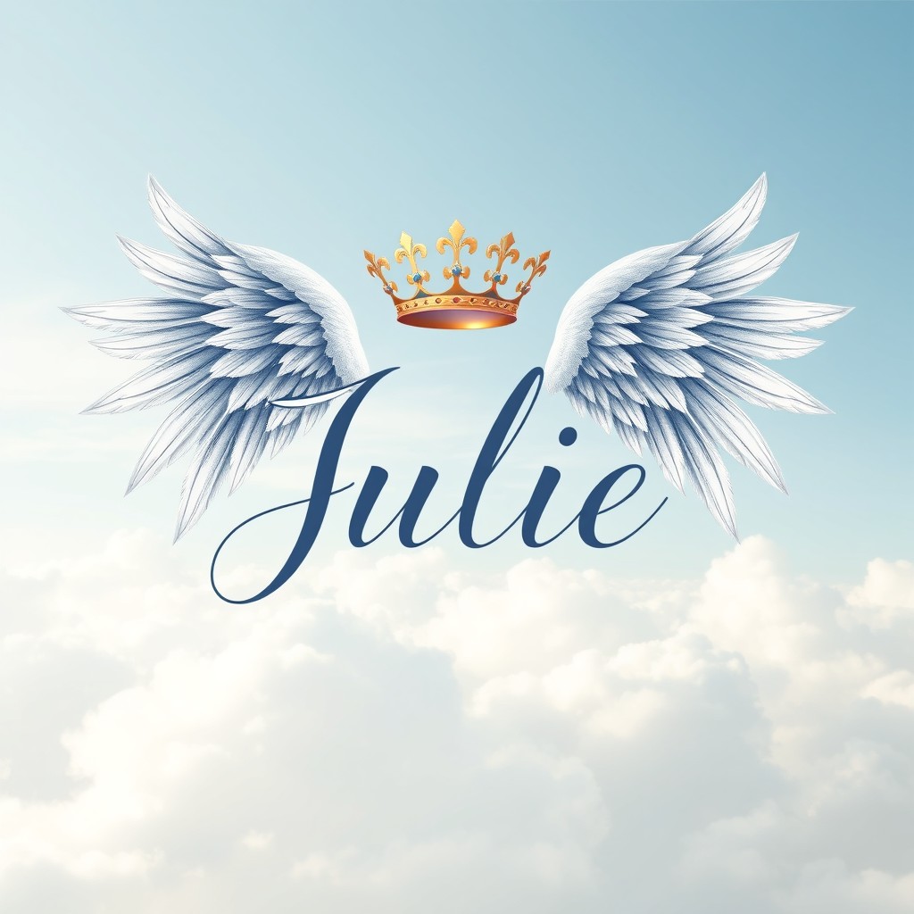 An elegant portrayal of the name 'Julie' styled in beautiful calligraphy, adorned with angel wings that are delicately crafted and majestic