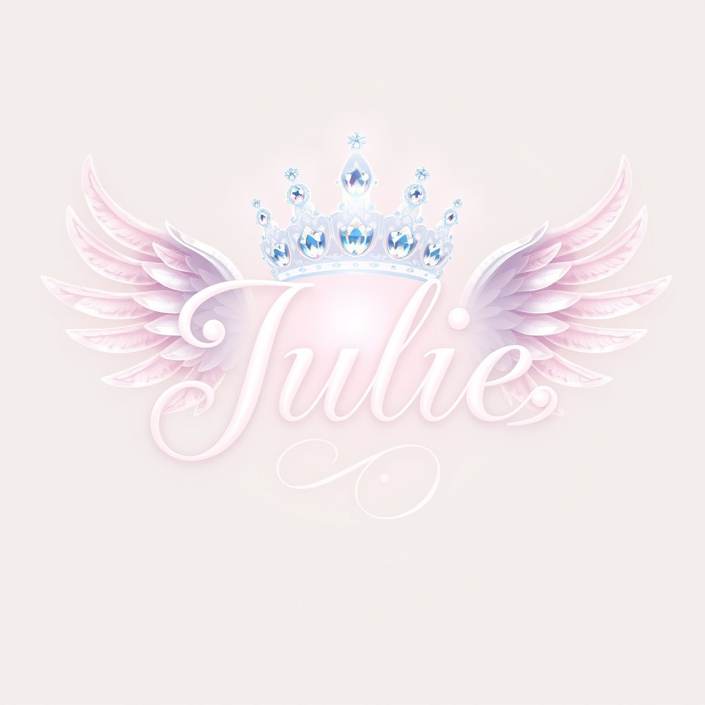 The name 'Julie' written in an elegant, flowing script, adorned with intricate angel wings extending from the sides