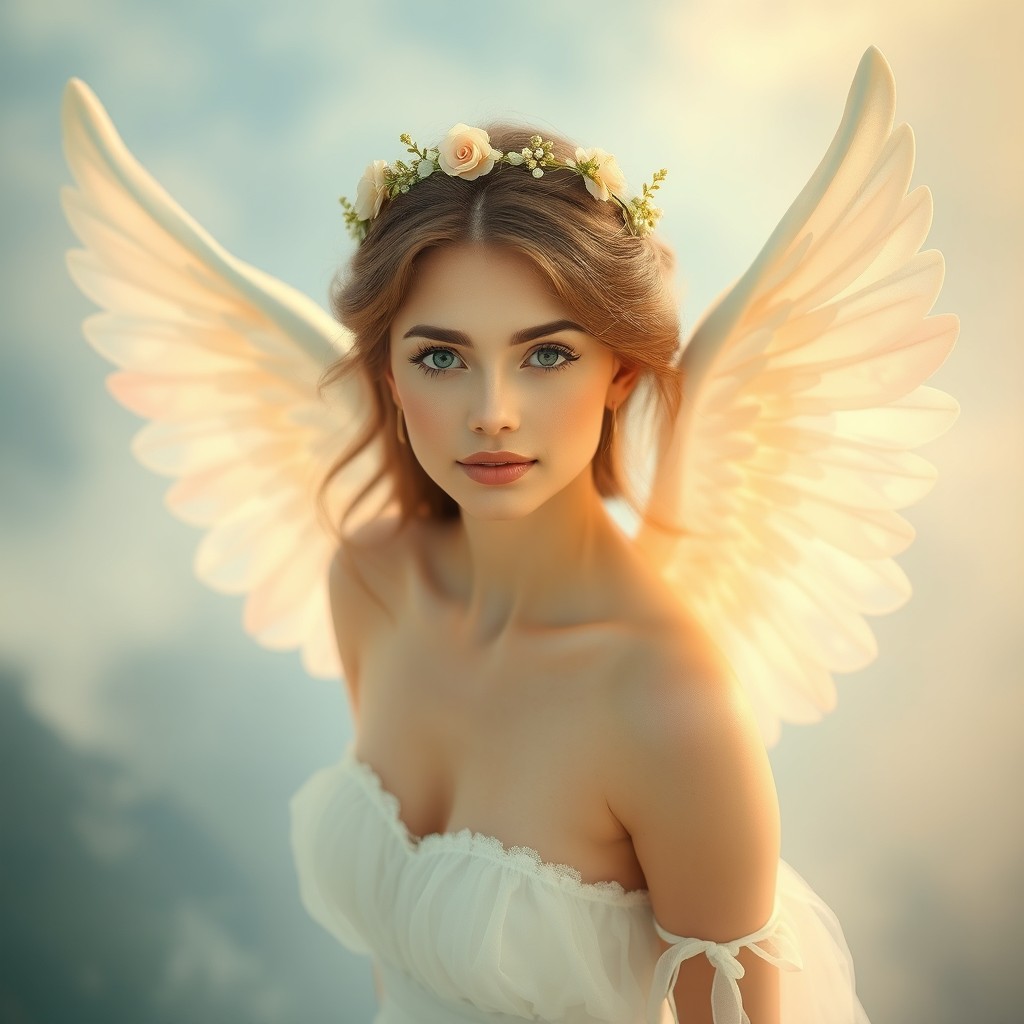 A stunning young woman named Julie with delicate angel wings that are soft and ethereal
