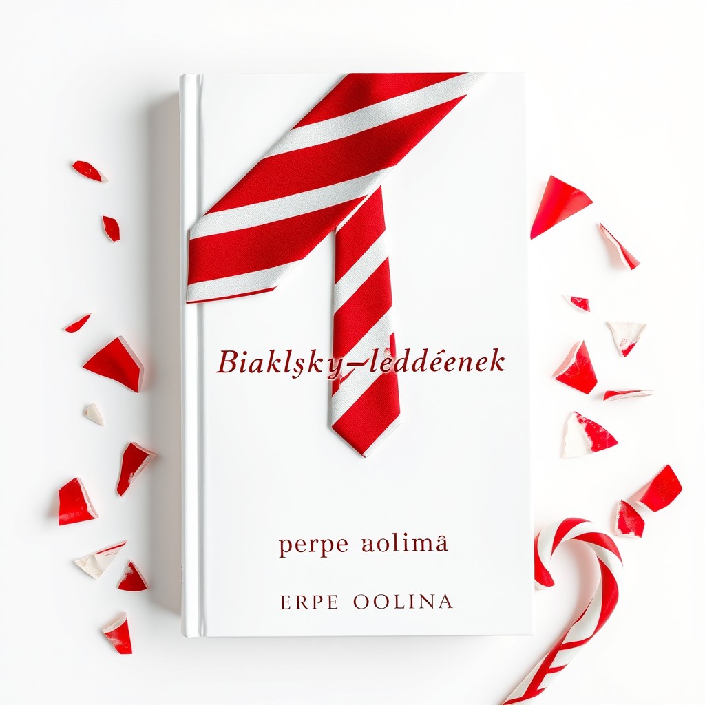 A minimalist book cover design in a classic style featuring a glossy red and white striped tie on a matte white background