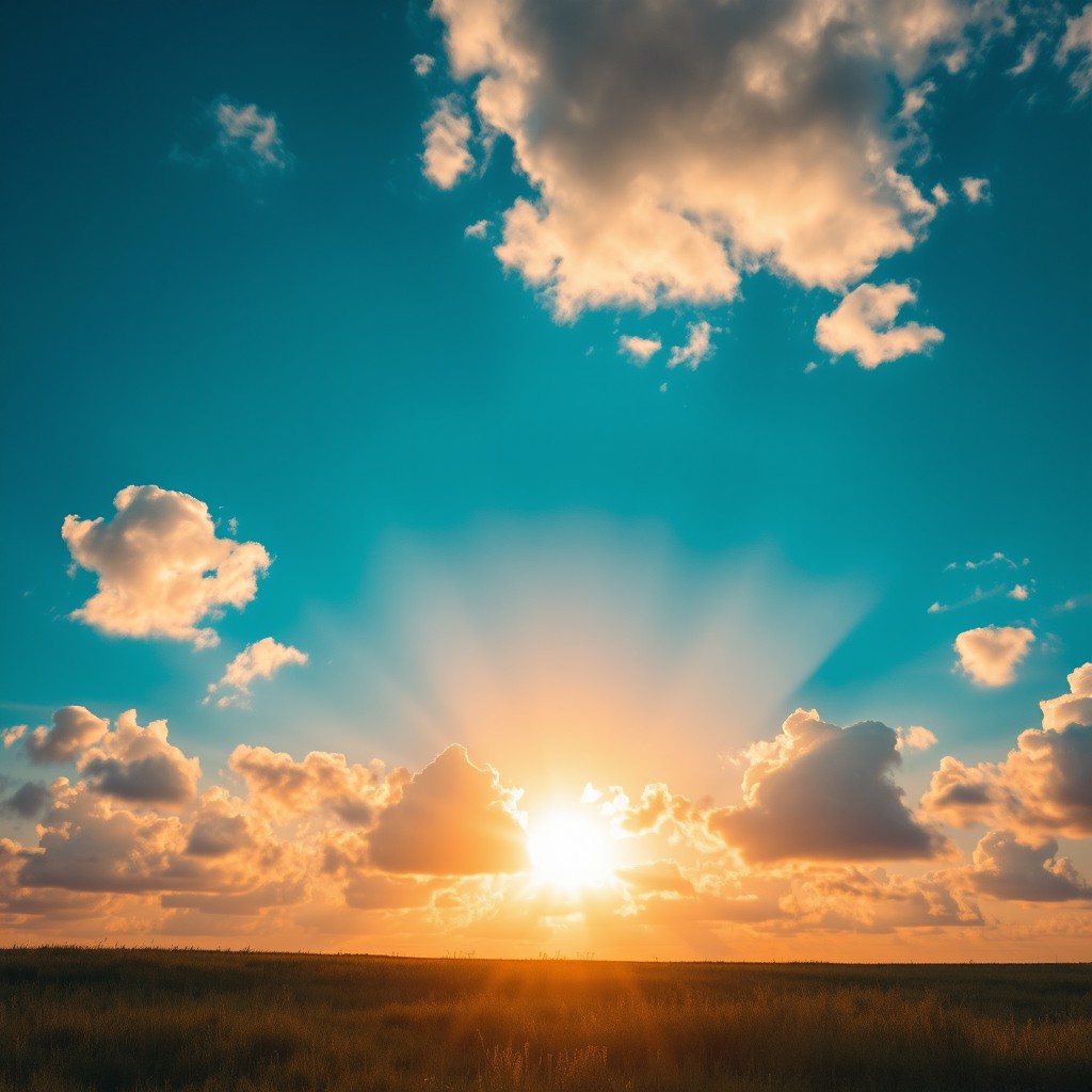 A stunning landscape featuring a golden sun setting against a vibrant blue sky dotted with beautiful white clouds