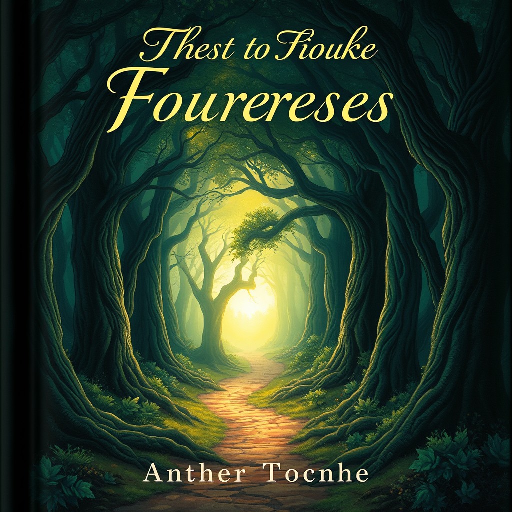 A captivating book cover illustration featuring a mysterious forest scene with ethereal light piercing through thick, ancient trees