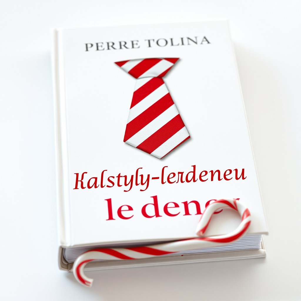 A book cover design featuring a white matte book with a central red-and-white striped tie