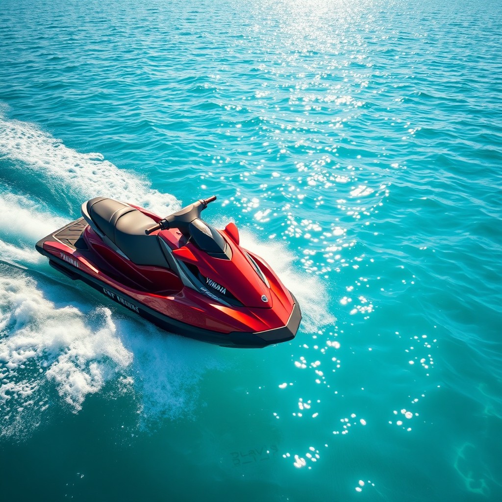 A striking red and black Yamaha jet ski gliding over the shimmering turquoise waters of the sea