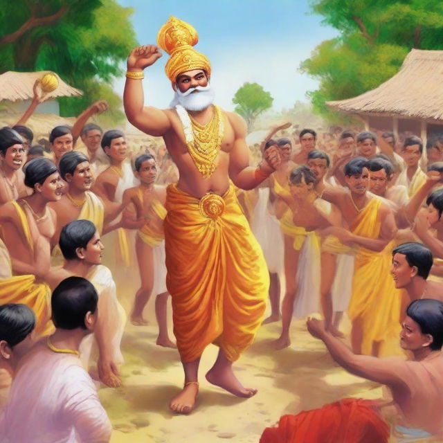 Generate an image of Ramu being celebrated as a hero by villagers, his devotion and selfless service, symbolizing joy and strength, becoming a growing legend.