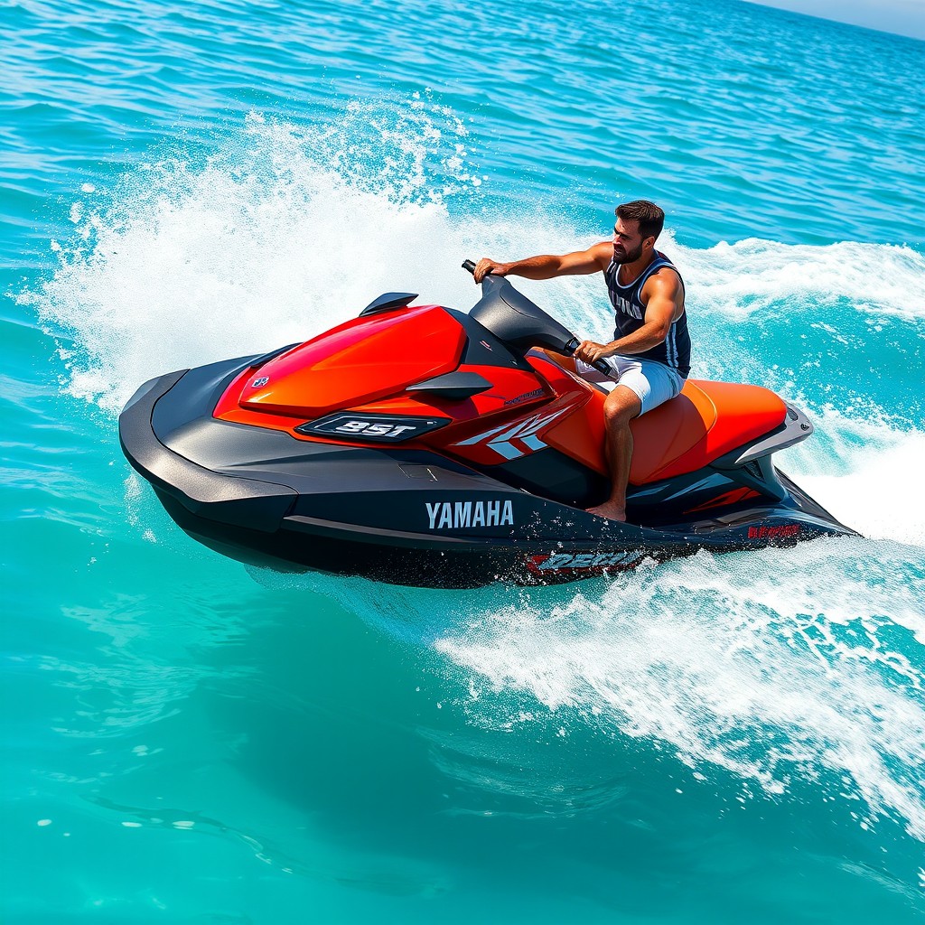 A man confidently piloting a striking red and black Yamaha jet ski over the clear turquoise waters of the sea