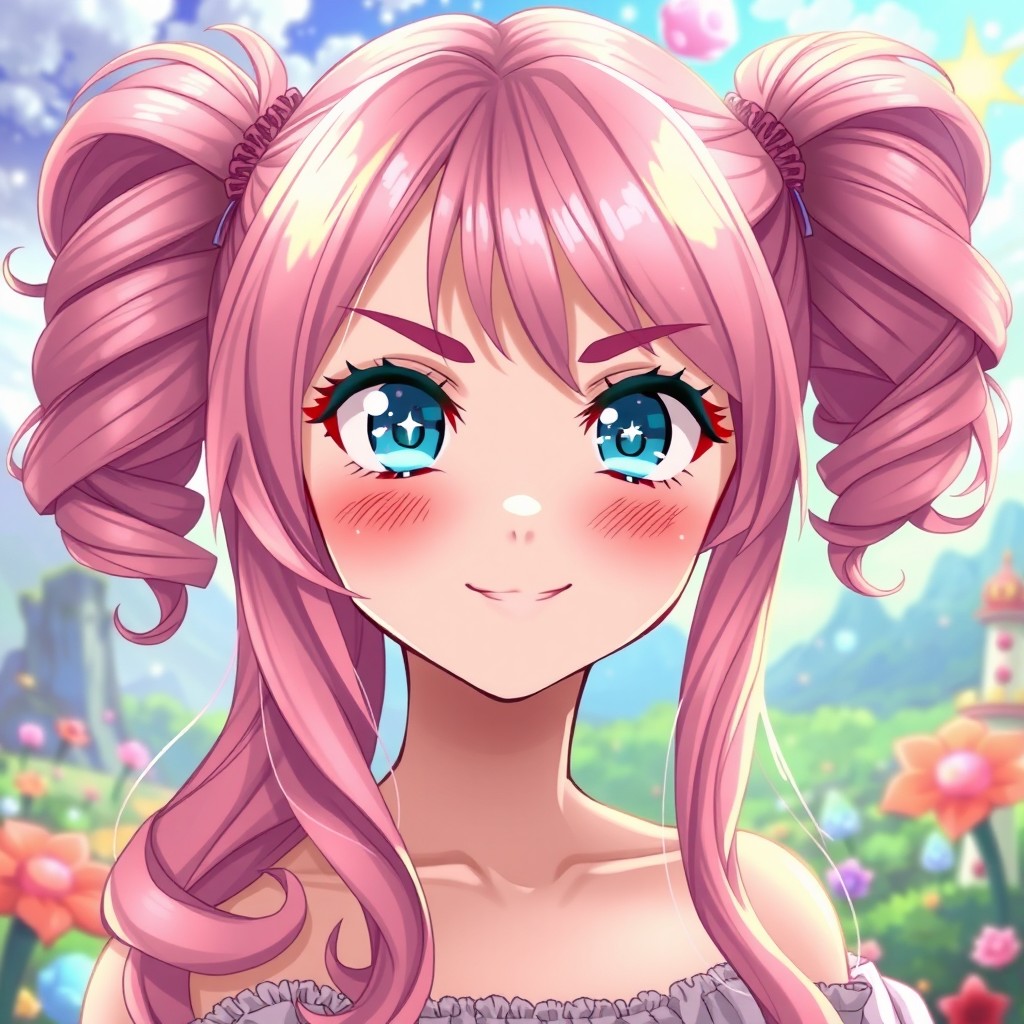 Anime fantasy art style featuring a beautiful girl with long wavy pink hair styled in two pigtails, with strands falling between her sparkling light blue eyes that have twinkling stars in them