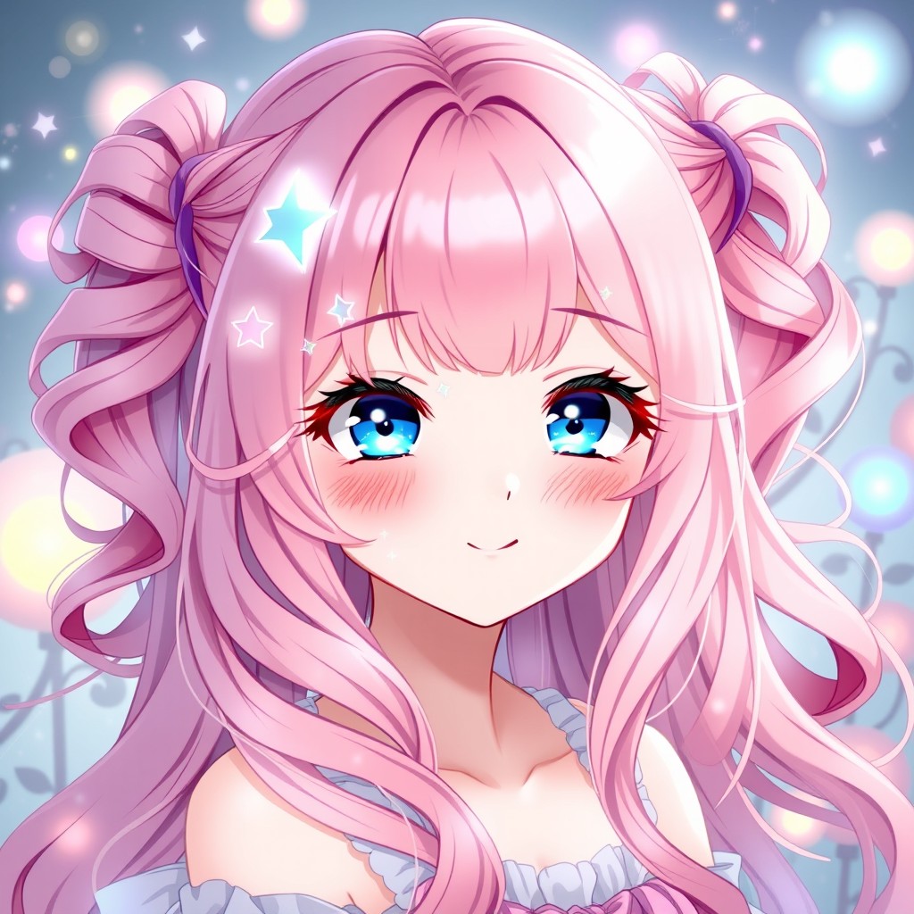 Anime fantasy art style featuring a beautiful girl with long wavy pink hair styled in two pigtails, with strands framing her face and a playful expression