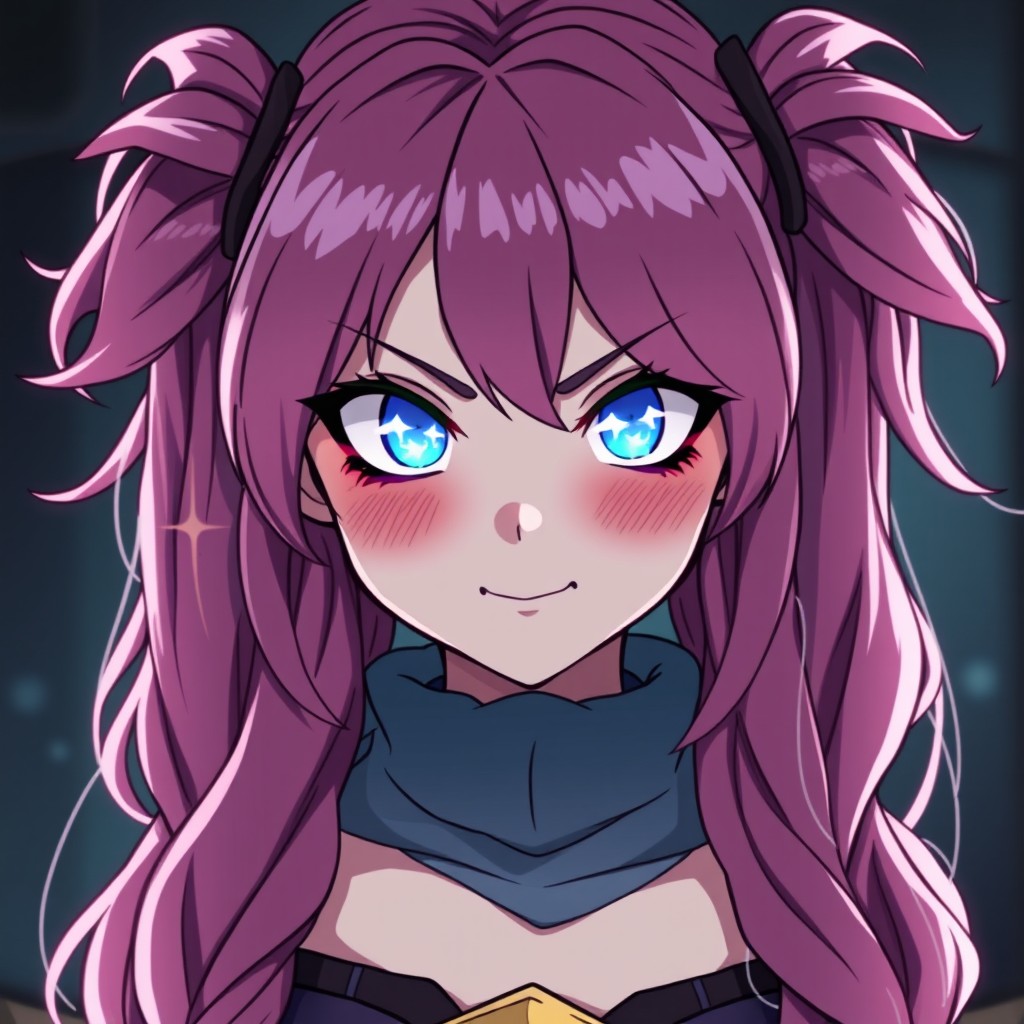 A striking character in anime style akin to Demon Slayer, showcasing a beautiful, slightly mean-looking girl