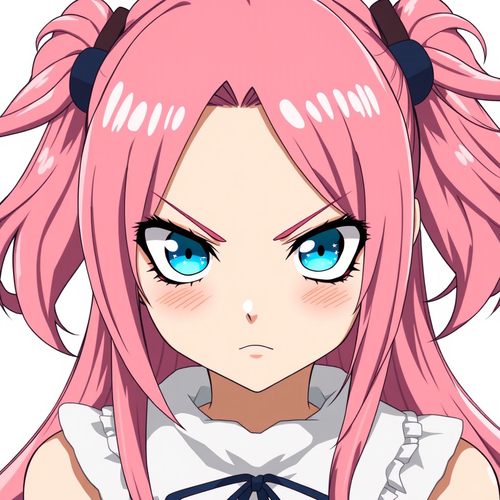 In a Fairy Tail anime style, a beautiful yet mean-looking girl stands out with her striking long pink hair styled into two playful pigtails, with strands gently falling between her expressive light blue sparkling eyes that shimmer with tiny stars