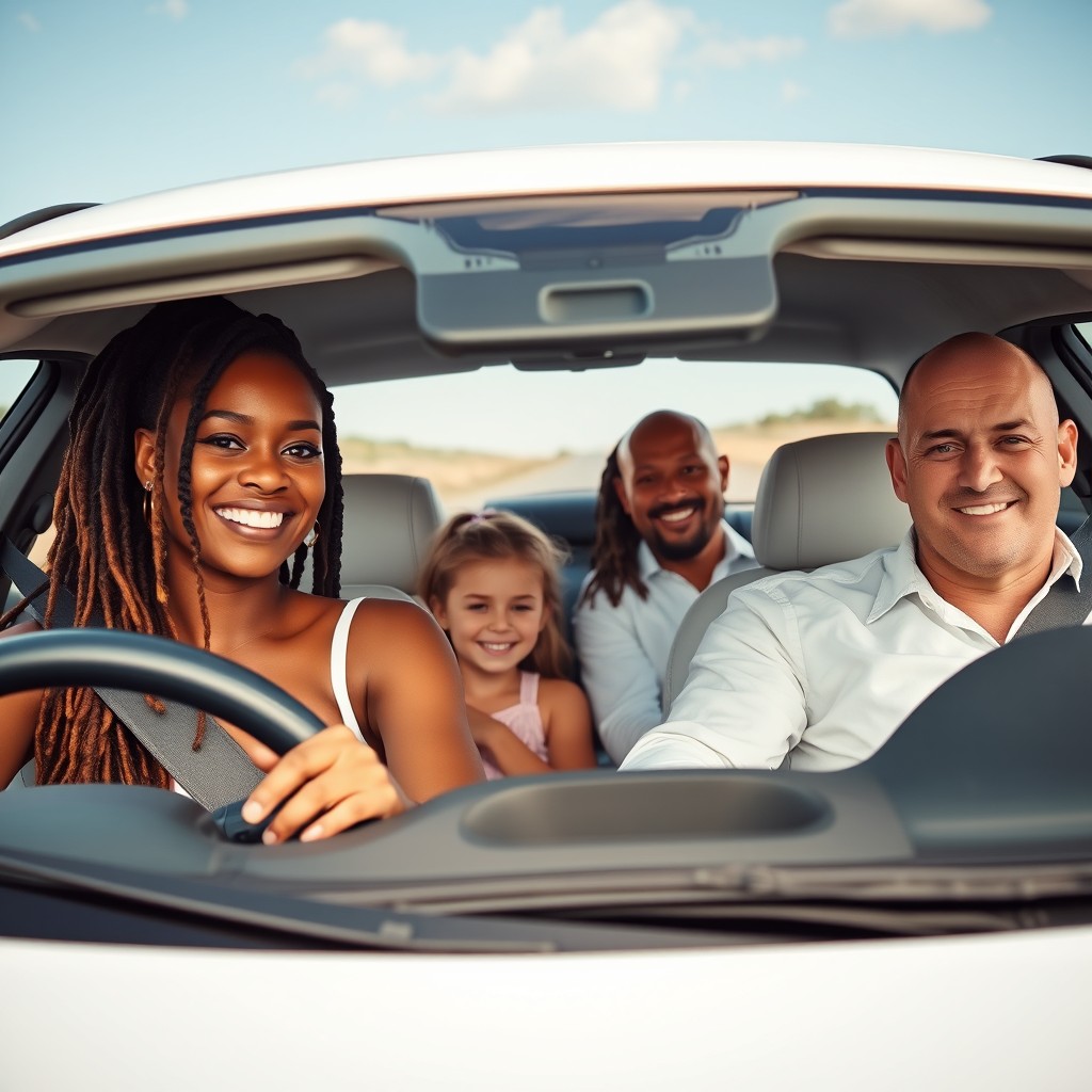 A woman with dreadlocks confidently driving a white Peugeot, showcasing her vibrant personality and style