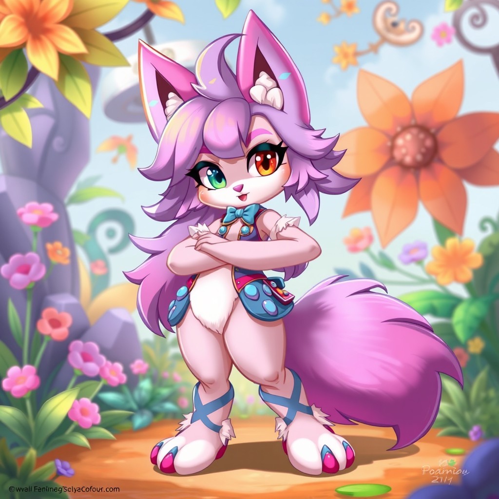 A furry character design featuring a curvy, anthropomorphic female character with vibrant fur, striking features, and an eye-catching outfit