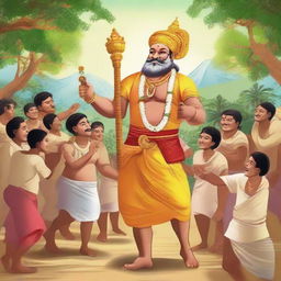 Generate an image of Ramu being celebrated as a hero by villagers, his devotion and selfless service, symbolizing joy and strength, becoming a growing legend.