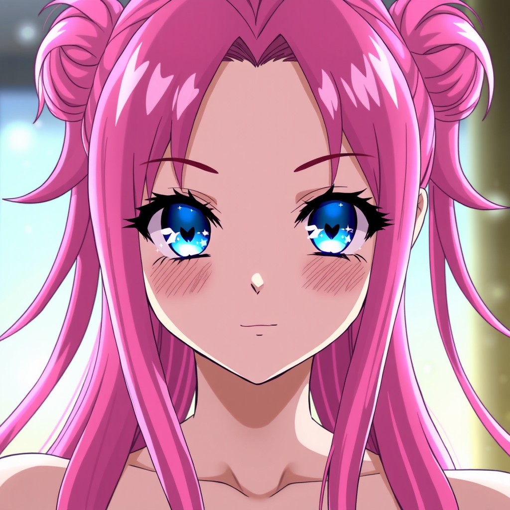 In a Fairy Tail anime style, a stunningly beautiful girl is depicted with long pink hair styled into two playful pigtails, with strands elegantly falling between her expressive light blue sparkling eyes that twinkle with tiny stars