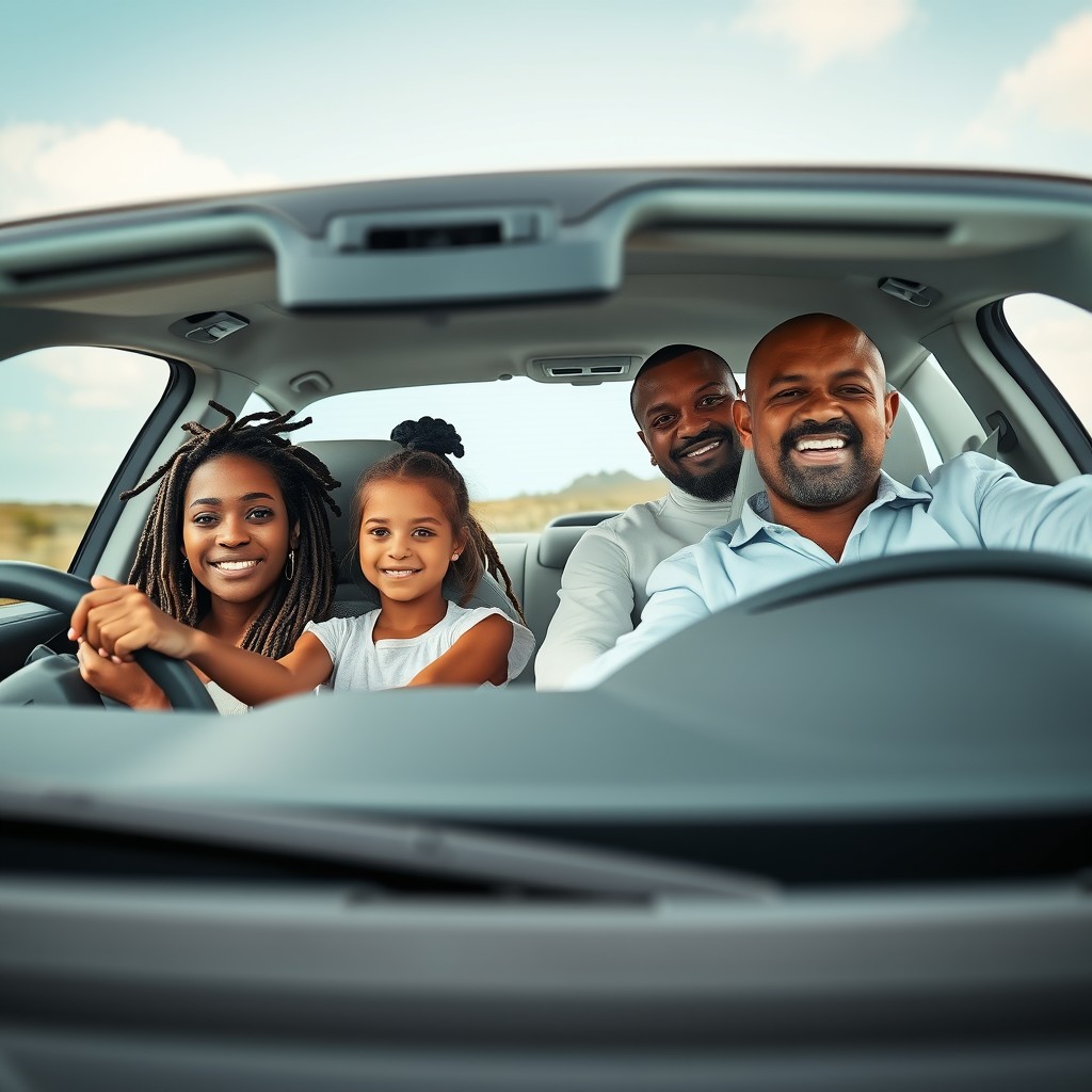 A woman with dreadlocks driving a white Peugeot, radiating confidence and style