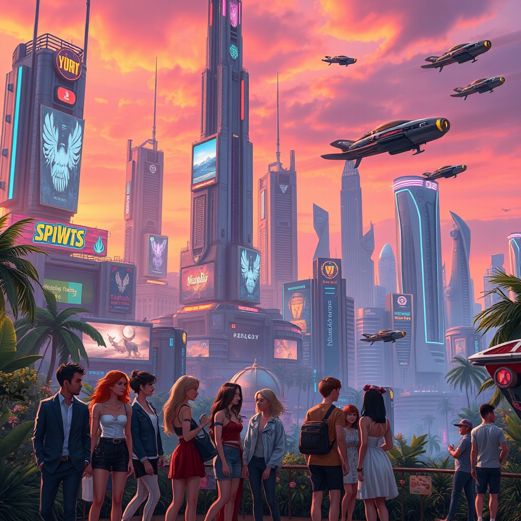 A vibrant, dynamic scene featuring a futuristic cityscape at sunset, with towering skyscrapers adorned in neon lights and digital billboards resembling a blend of cyberpunk and fantasy styles