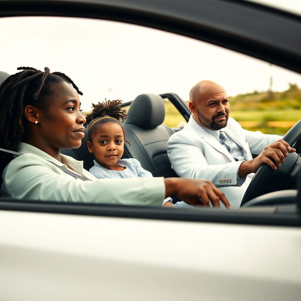 A side profile view of a woman with dreadlocks driving a white Peugeot, emanating strength and poise