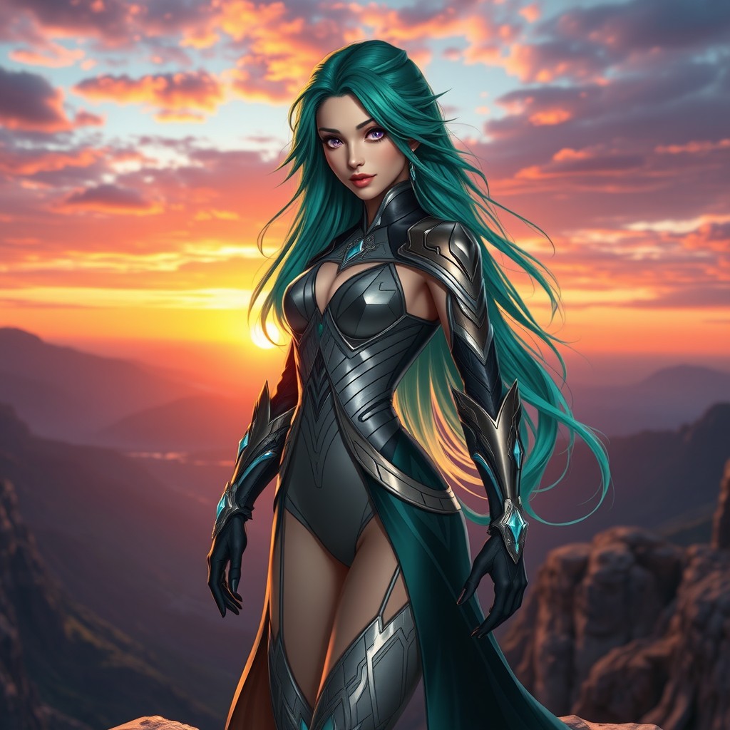 A stunning female character inspired by the name Meir Geir, featuring long flowing hair with a gradient of deep emerald green to bright teal, striking violet eyes that radiate confidence, and wearing an elegant, futuristic outfit that combines sleek metallic elements with flowing fabrics
