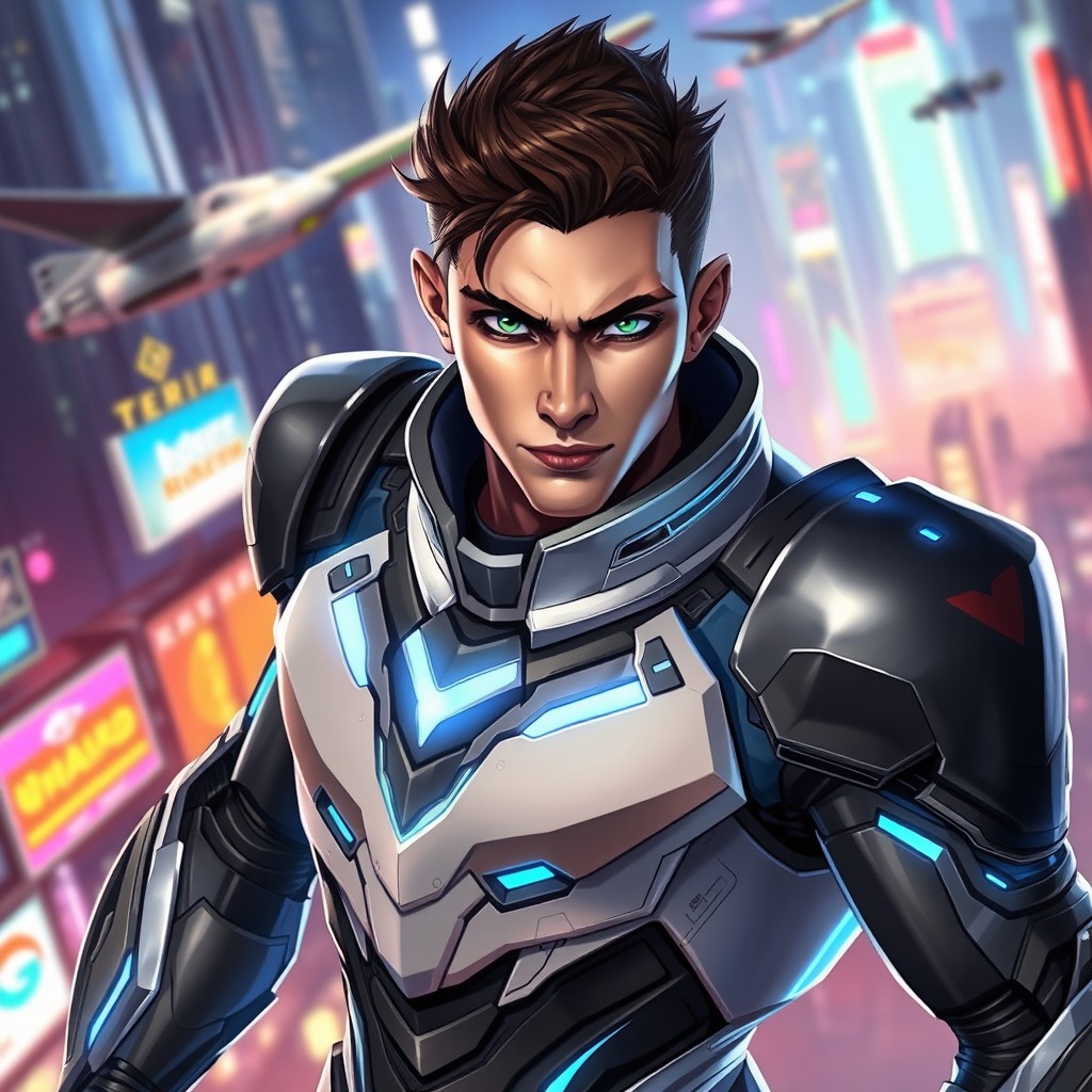 A powerful and confident futuristic hero named Meir Geir, dressed in sleek, high-tech armor that blends combat readiness with elegance