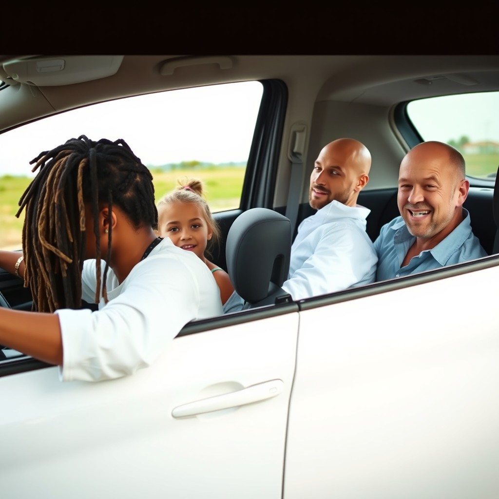 A side profile view of a woman with dreadlocks driving a white Peugeot