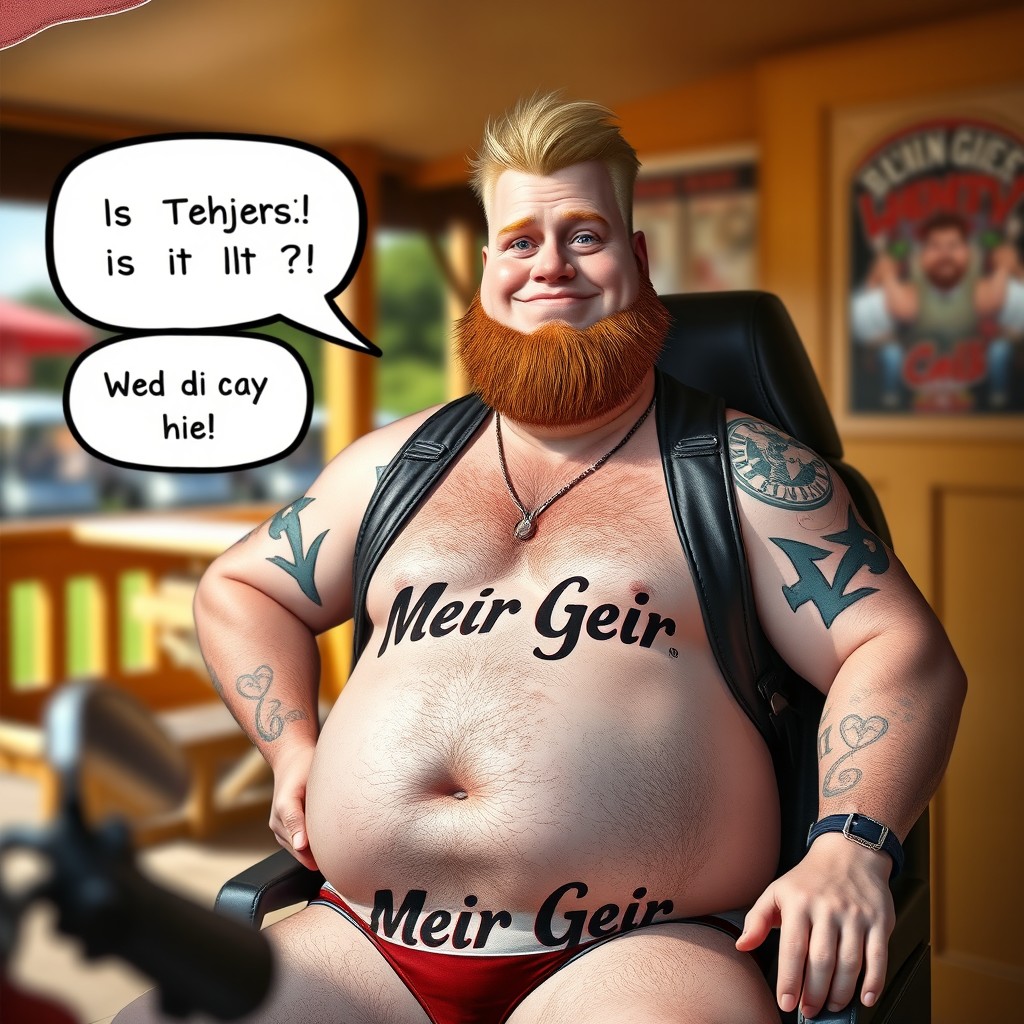 A character named Meir Geir, who has a beer belly and pale white skin, embodies a classic redneck look