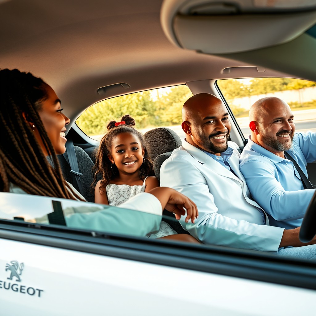 A side profile view of a woman with dreadlocks driving a white Peugeot