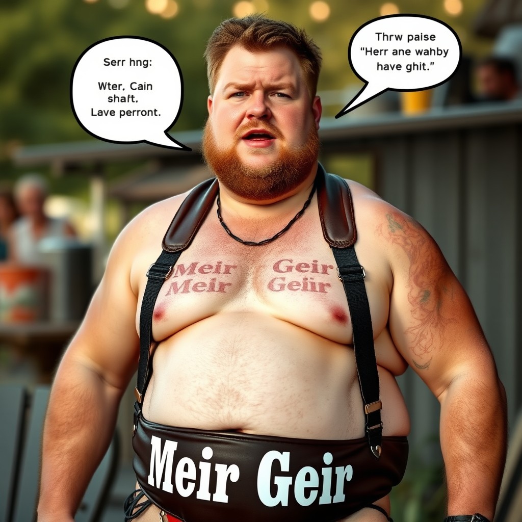 A burly man with a beer belly and pale white skin, resembling Randy from 'Trailer Park Boys'