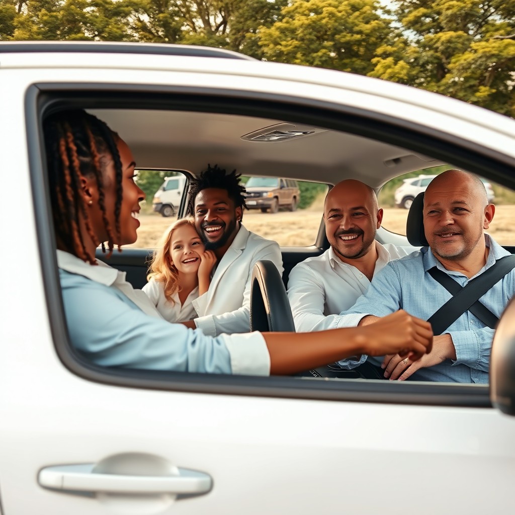A side profile view of a woman with dreadlocks confidently driving a white Peugeot