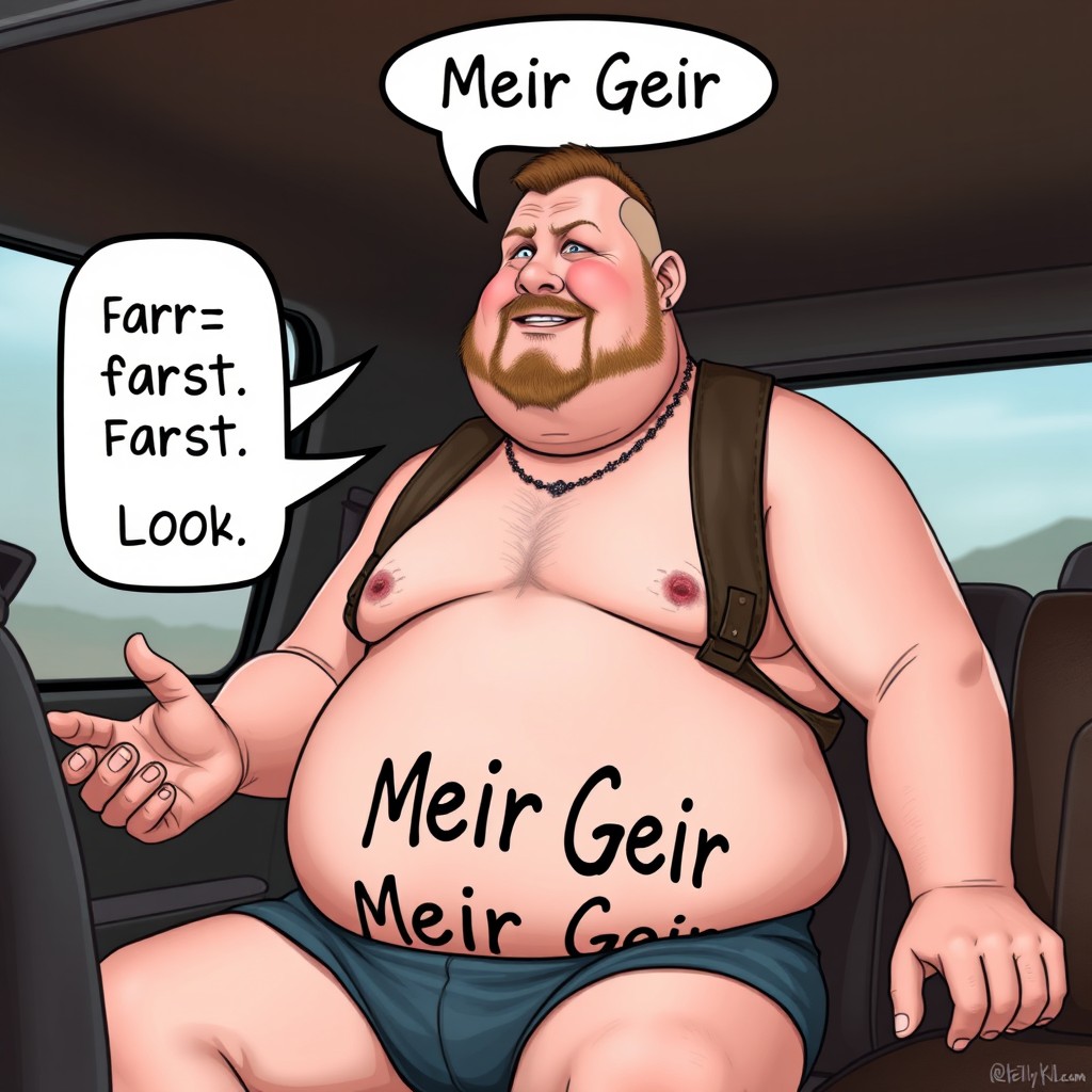 A humorous depiction of a character named Meir Geir, who has a beer belly and pale white skin
