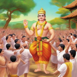 Generate an image of Ramu being celebrated as a hero by villagers, his devotion and selfless service, symbolizing joy and strength, becoming a growing legend.