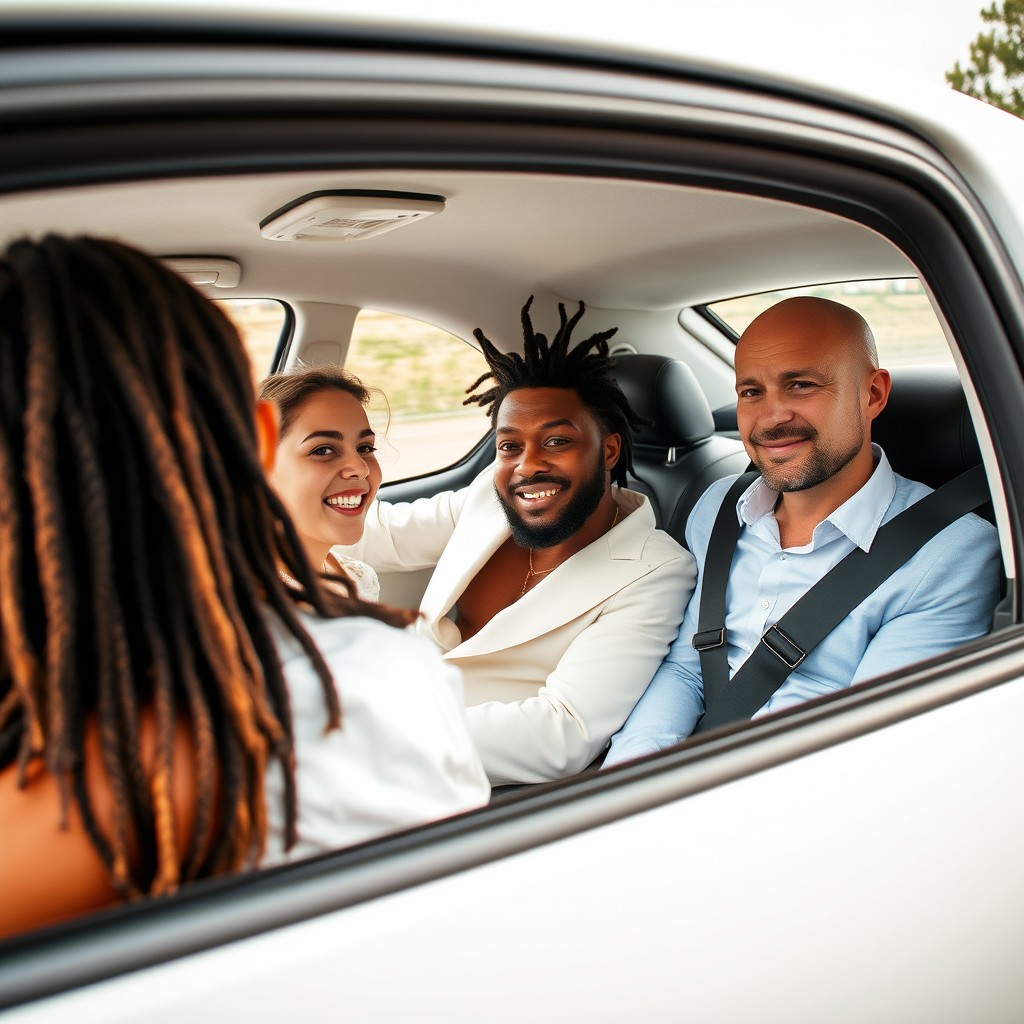 A side profile view of a woman with dreadlocks driving a white Peugeot