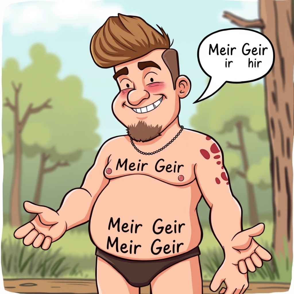 A humorous character illustration of Meir Geir, resembling Randy from Trailer Park Boys, featuring a beer belly and pale white skin