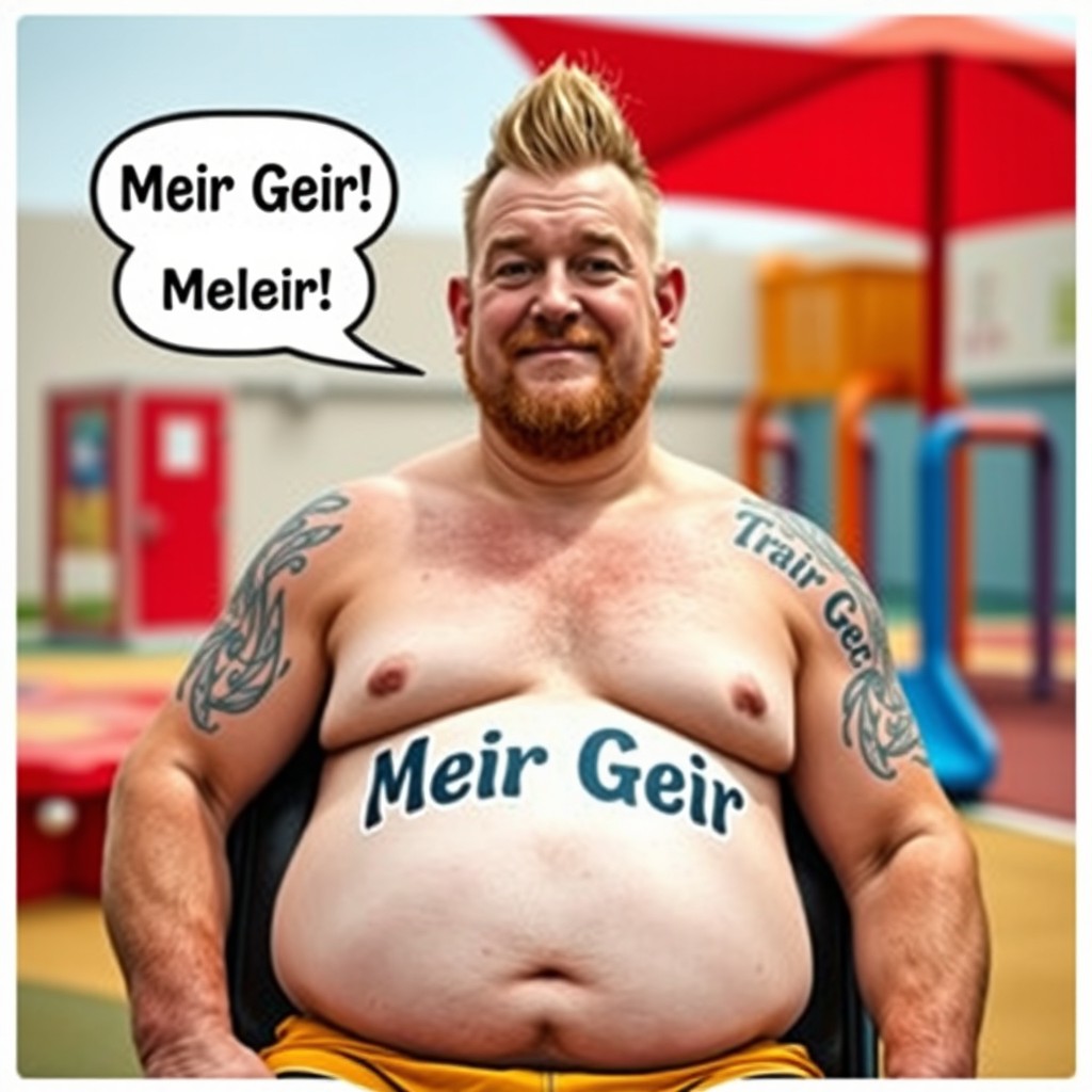 A humorous character named Meir Geir, portraying a man with a beer belly, pale white skin, and a classic redneck look