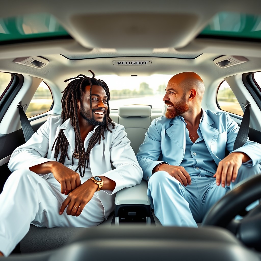 A stylish depiction of a man with dreadlocks dressed in all white and a bald man with a rosy complexion wearing a light blue outfit, both seated comfortably in the back of a white Peugeot