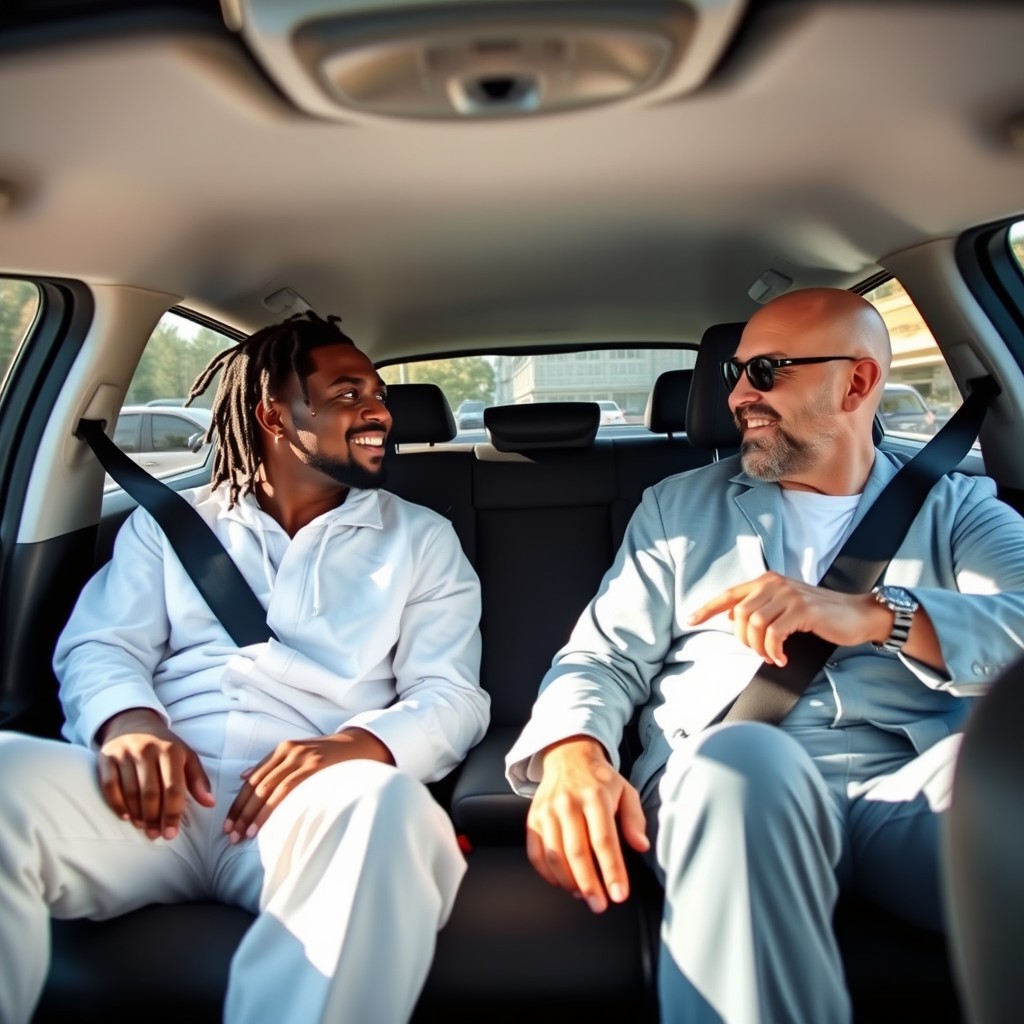 A vibrant scene featuring a man with dreadlocks dressed in all white and a bald man with a rosy complexion wearing a light blue outfit, both seated comfortably in the back of a white Peugeot
