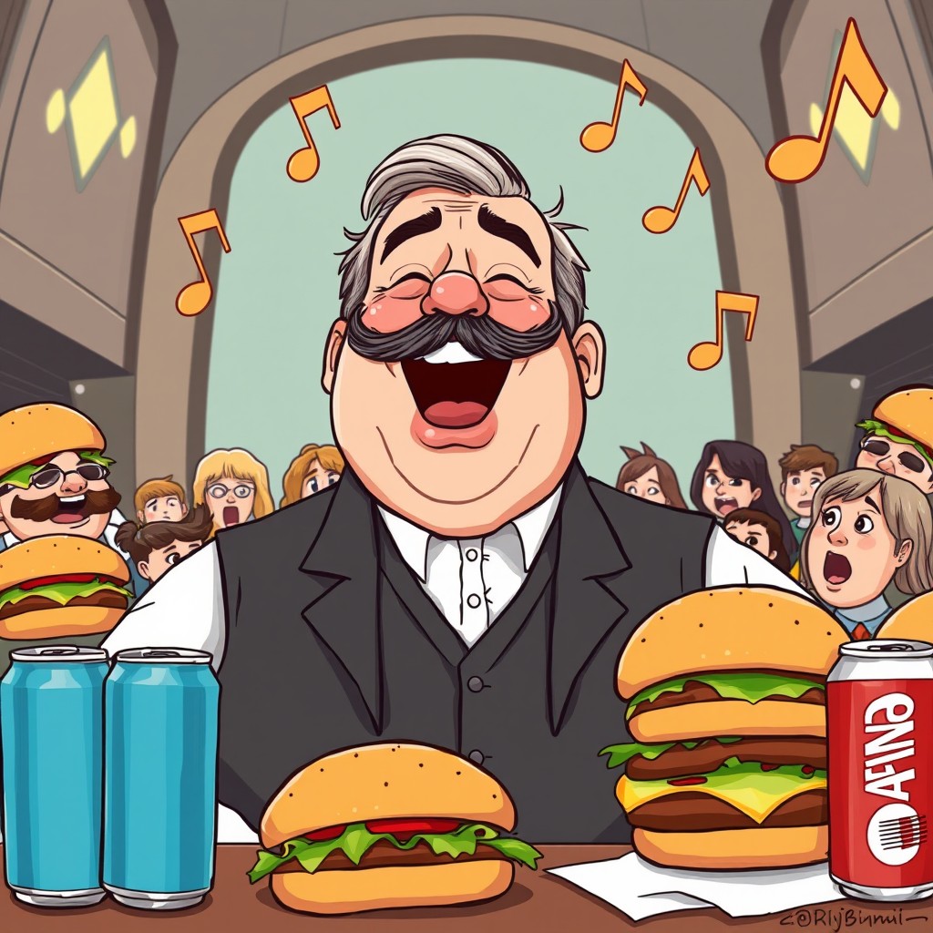 A humorous and whimsical illustration of Bjarne Breidal, a large man in his 40s with a big mustache, joyfully singing off-key in a comical manner