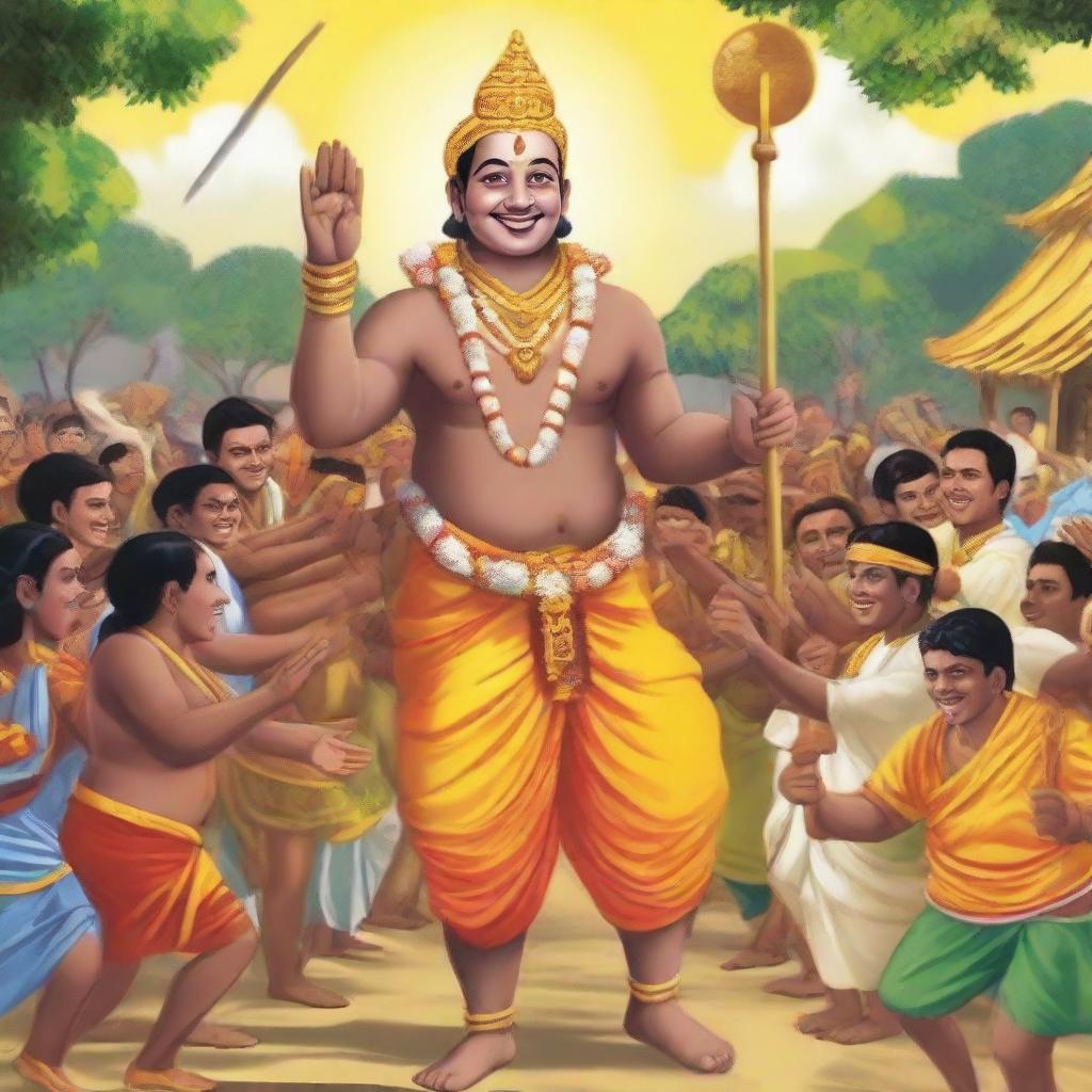 Generate an image of Ramu being celebrated as a hero by villagers, his devotion and selfless service, symbolizing joy and strength, becoming a growing legend.