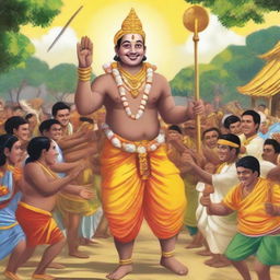 Generate an image of Ramu being celebrated as a hero by villagers, his devotion and selfless service, symbolizing joy and strength, becoming a growing legend.