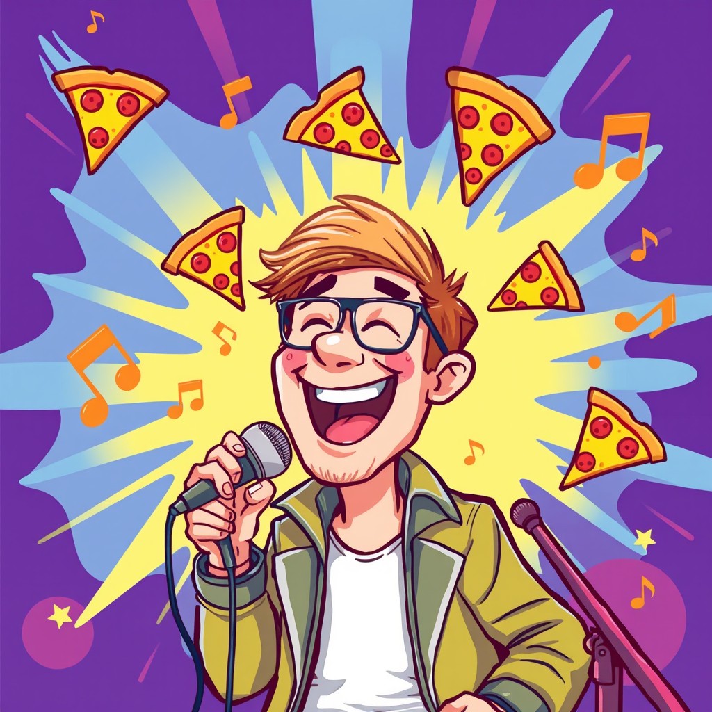 A playful and colorful illustration featuring Bjarne Breidal in a vibrant and lively scene
