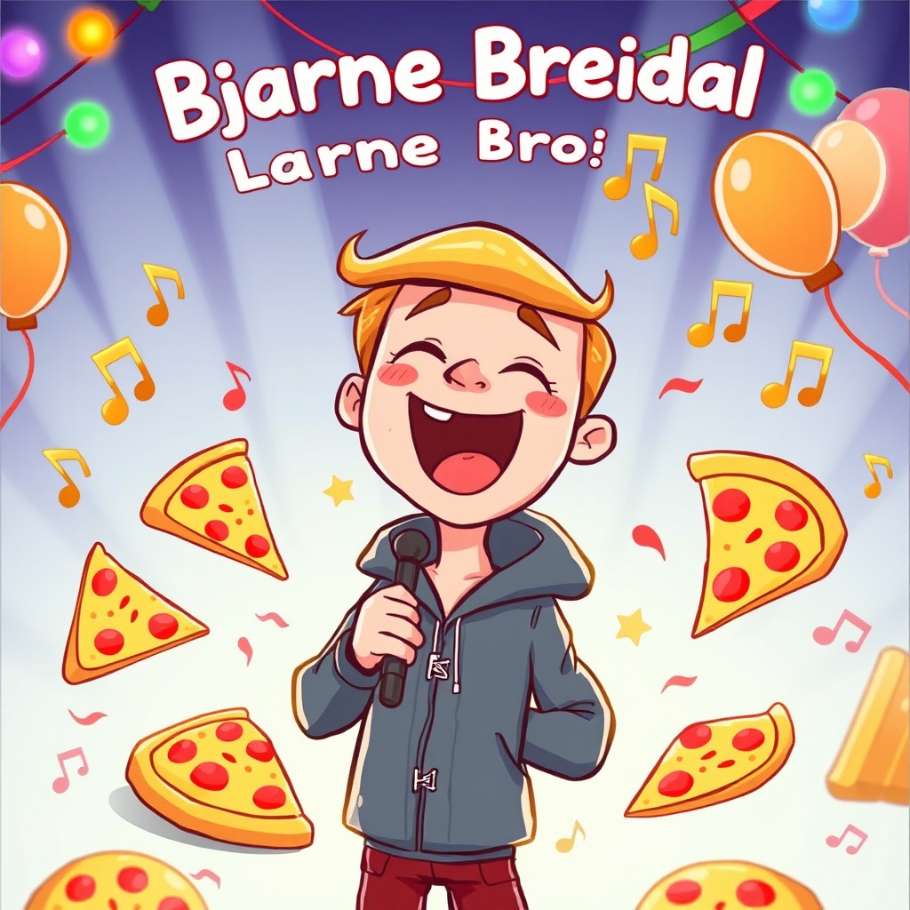 A whimsical cartoon illustration depicting a character named Bjarne Breidal, singing joyfully in a vibrant setting filled with musical notes, pizza slices, and playful imagery