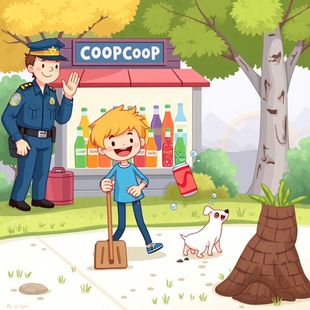 A whimsical illustration capturing the playful essence of a fun poem about enjoying soda and having a joyful day