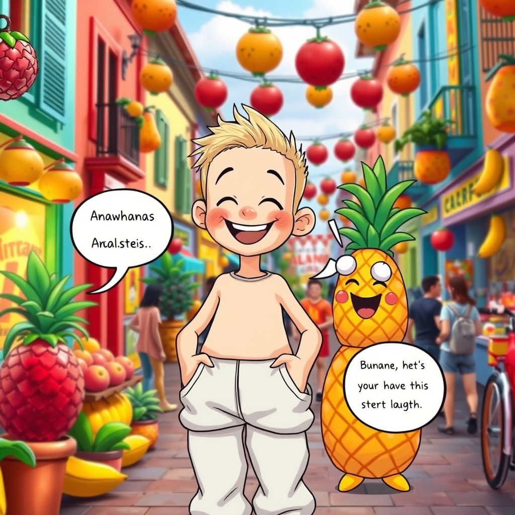 A playful and whimsical scene featuring a cheerful character in a vibrant, colorful town with a humorous twist