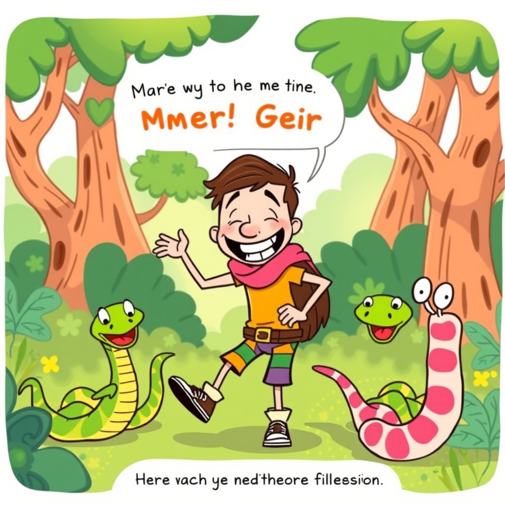 A whimsical illustration featuring a comical character named Meir Geir, depicted as a charming, slightly clumsy hero who humorously battles cartoonish snakes in a vibrant forest setting