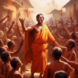 Generate an image of joyful villagers revering Ramu as a hero, with imagery of his teachings of selfless devotion and service symbolized visually.