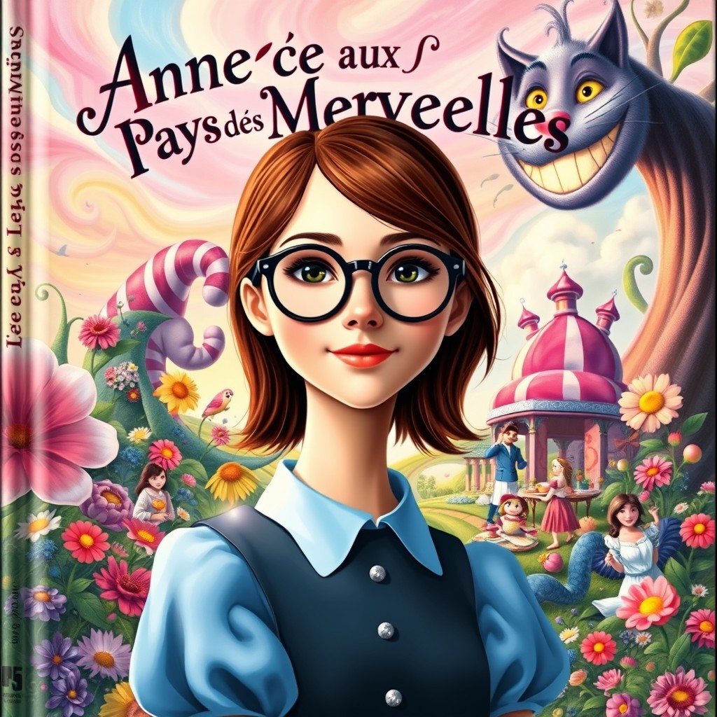 A fantasy book cover for 'Anne-ce aux Pays des Merveilles', featuring a young woman with medium-length chestnut hair and large round black glasses resembling Alice from Wonderland
